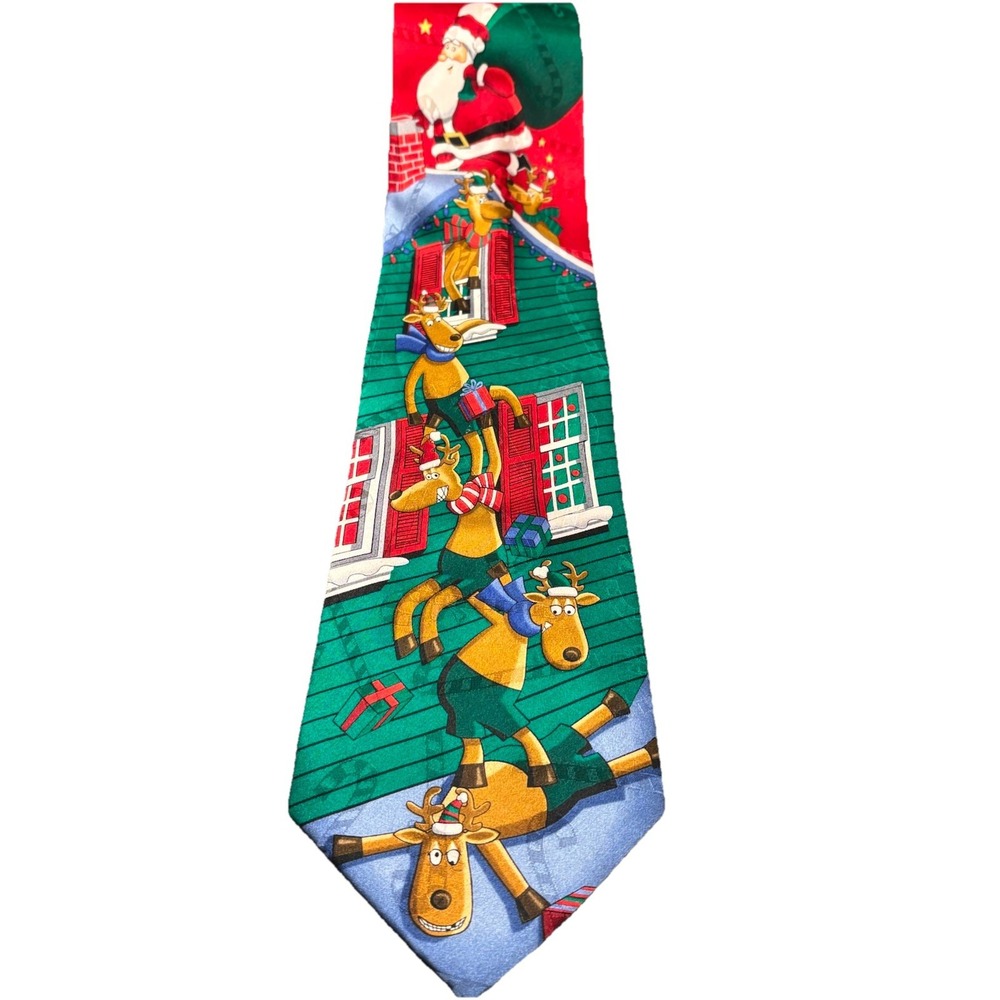 Vintage 90s Hallmark Yule Tie Greetings‎ Santa Reindeer Chaos Christmas Silk Tie